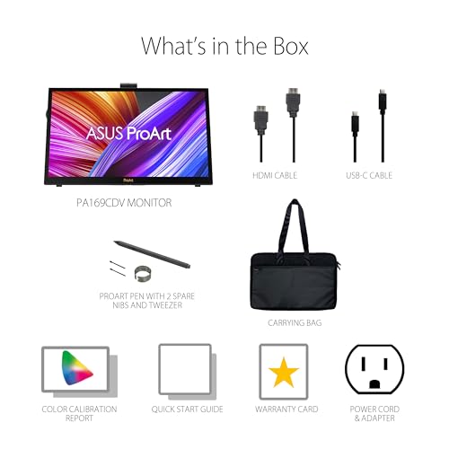 ASUS ProArt Display 15.6” 4K Pen Display (PA169CDV) – IPS, UHD (3840 x 2160), WACOM Feel EMR, 100% sRGB, Calman Verified, Pantone Validated, Speakers, USB-C, 10-Point Touch, Dial, 3 Year Warranty - style: 16" 4K Touch Wacom