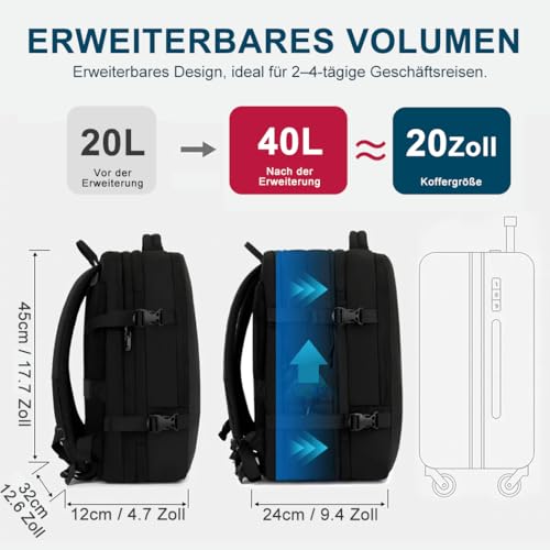 Carry On Backpack 40L Expandable Travel Backpack for Men Fits 15.6" laptop