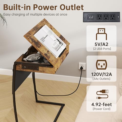 Hadulcet TV Tray Table for Eating on Couch, Tiltable 0-52°, Hidden Storage | Laptop Desk for Couch with Storage & Charging Station, TV Dinner Trays for Small Spaces, C Shaped End Table, Rustic Brown - size: 28.5"