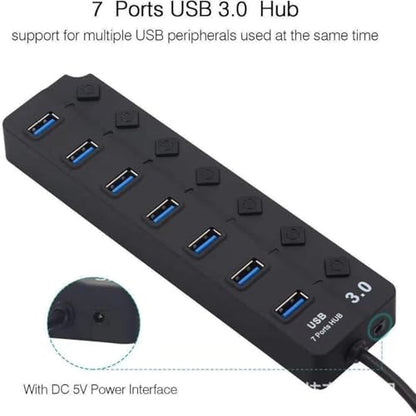 7-Port USB 3.0 USB-Hub with Individual On/Off Switches, High Speed USB Splitter, for Laptop PC Computer and USB Peripherals
