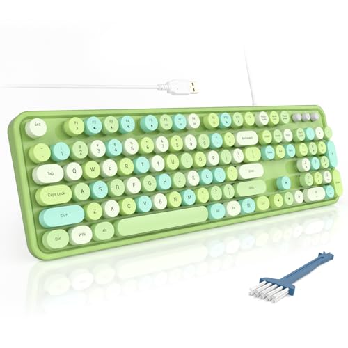 MOFII Wired Keyboard - Full Size USB Plug & Play, Retro Round Typewriter Keyboard with Foldable Stands for Windows PC Laptop (Green Colorful) - color: Green Colorful