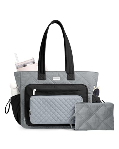 TOPDesign Puffer Laptop Bag for Women, Quilted Teacher Tote Nurse Work Briefcase, Computer Handbag with 40oz Cup Holder - color: Grey/Black/Light Grey, size: 15.6 Inch
