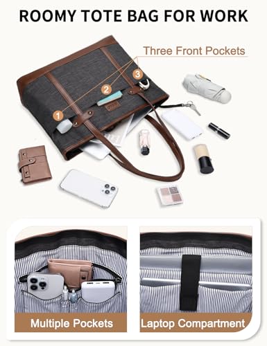RAVUO Laptop Tote Bag for Women, Water Resistant 15.6 Inch Computer Handbag Purse Teacher Bag With Portable Small Pouch - color: Dark Grey&brown