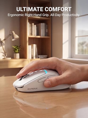 RAPIQUE Wireless Mouse, Dual Bluetooth & 2.4G, White | Multi-Device for 3 Devices, USB-C Rechargeable, Quiet Click, 4 DPI Levels up to 3200, Ergonomic Right-Hand for MacBook, PC - color: White