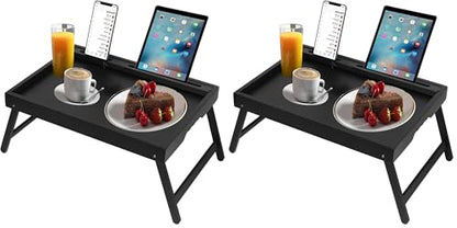 Artmeer Bamboo Bed Trays, Folding Legs, Phone/Tablet Slots, 2-Pack, Black - color: Black, size: Medium (Pack of 2)