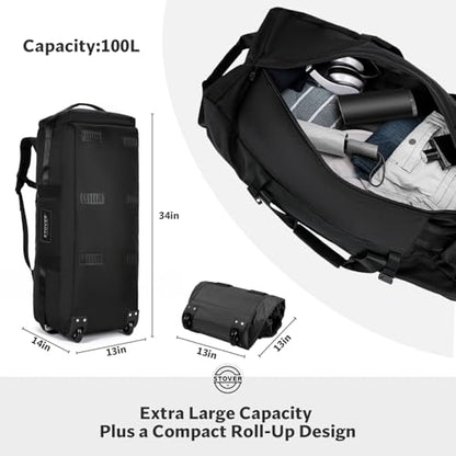 45/80/100L Rolling Duffel Bag with Wheels, X-Large Durable Travel Duffle + Toiletry Bag, Heavy Duty, Packable with Shoulder Straps- Use as Luggage or Backpack, Men/Women (Black) - color: Black