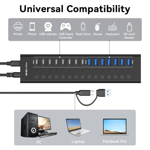 ACASIS 16 Ports Powered USB 3.2 Hub (8 USB-A 3.2 +8 USB-C 3.2), 10Gbps | Individual On/Off Switch for Each Port • Aluminum Housing • Better Heat Dissipation • Plug & Play • 96W Power Adapter - color: Black