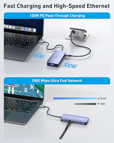 BENFEI 11-in-1 USB C Hub Triple Display Docking Station Dual HDMI, VGA, 3*USB 3.0, 1Gbps Ethernet, 100W Power Delivery, SD/TF Card Reader, 3.5mm AUX Audio Compatible with MacBook XPS Surface - color: Grey, size: 11-in-1
