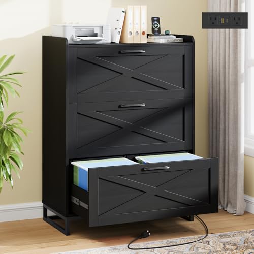 Halitaa File Cabinet 3 Drawers Lateral File Cabinet with Charging Station for Letter/Legal/A4 Size Hanging Files, Large Wood File Storage Cabinets Printer Stand for Home Office, Black - color: Rusic Black