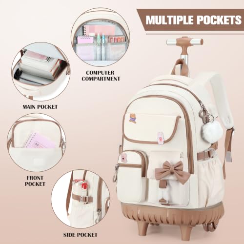 ACESAK Rolling Backpack for Girls - Roller Wheels School bag with Lunch Bag & Pencil Pouch for Teen Girls Kids Wheeled Suitcase Backpacks, Elementary Middle School Travel Daypack(Beige Khaki) - color: Beige Khaki