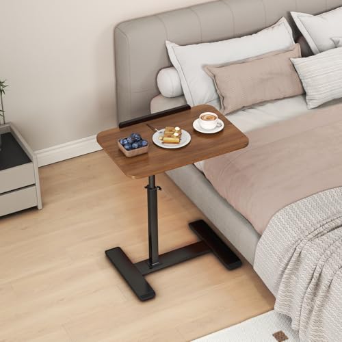 Adjustable Height C Shaped Side Table,360°Swivel Overbed Table,Top Tilting Laptop Stand Table with Hidden Wheels,Mobile Couch End Tables that Slide under,Rolling TV Coffee Table for Sofa/Bed(walnut) - color: Walnut