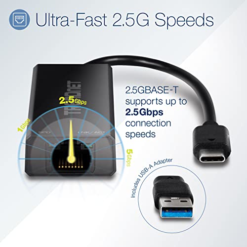 TRENDnet USB-C 3.1 to 2.5GBASE-T Ethernet Adapter, TUC-ET2G | NDAA & TAA Compliant, Windows & Mac Compatible, USB Type-C to USB-A Converter Included, Up to 2.5Gbps Speeds - size: USB-C 3.1, style: 2.5 Gbps