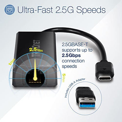 TRENDnet USB-C 3.1 to 2.5GBASE-T Ethernet Adapter, TUC-ET2G | NDAA & TAA Compliant, Windows & Mac Compatible, USB Type-C to USB-A Converter Included, Up to 2.5Gbps Speeds - size: USB-C 3.1, style: 2.5 Gbps