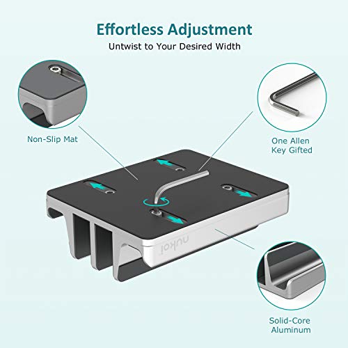 Vertical Laptop Stand - SPACEMax Adjustable GRIPLock Anti-Tip Silicone 4 Slots Aluminum Desktop Holder - Double Dock Stand - 2 Phone Slots Fits Up to 17.3” Laptops, Tablets, Phones - Silver - color: Silver