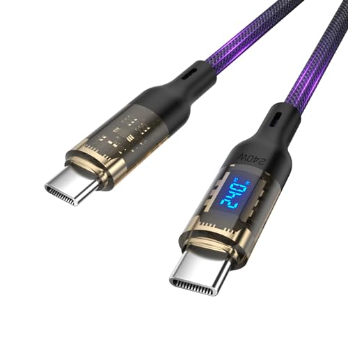 240W USB C to USB C Transparent Cable Compatible with 140W 100W Fast Charging Cable with LED Display for MacBook Pro,lPhone 16/15/15Pro/15ProMax,Galaxy S23+/S23 Ultra/S22,etc(4ft,Black) - size: 4Ft