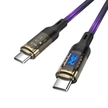 240W USB C to USB C Transparent Cable with LED Display Compatible with 140W 100W Fast Charging for MacBook Pro,lPhone 16/15/15Pro/15ProMax,Galaxy S23+/S23Ultra/S22,6.6ft,Black - size: 6.6Ft