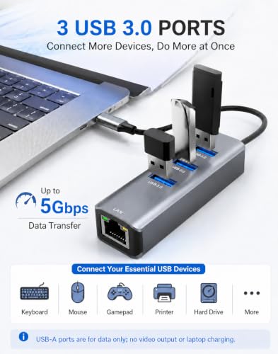 ABLEWE USB C to Gigabit Ethernet Adapter with 3 USB 3.0 Ports, 4-in-1 RJ45 Network Hub, Plug and Play USB-C LAN Adapter for MacBook Pro/Air, iPad Pro, iPhone 15/16, Chromebook, XPS, Surface - color: Grey