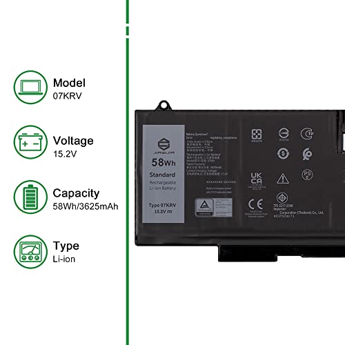07KRV CPX-H4PVC 58Wh Laptop Battery Replacement for Dell Latitude 5530 5430 5530 7330 7430 7530 Precision 3570 P104F P104F005 P104F006 P137G Series 0H4PVC H4PVC O7KRV Y86WG 15.2V 3625mAh - size: 13.2*5.4*1.3inch 07KRV