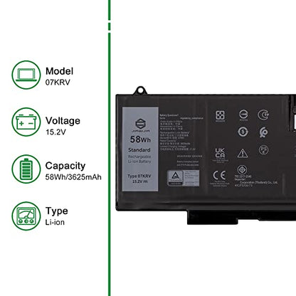 07KRV CPX-H4PVC 58Wh Laptop Battery Replacement for Dell Latitude 5530 5430 5530 7330 7430 7530 Precision 3570 P104F P104F005 P104F006 P137G Series 0H4PVC H4PVC O7KRV Y86WG 15.2V 3625mAh - size: 13.2*5.4*1.3inch 07KRV