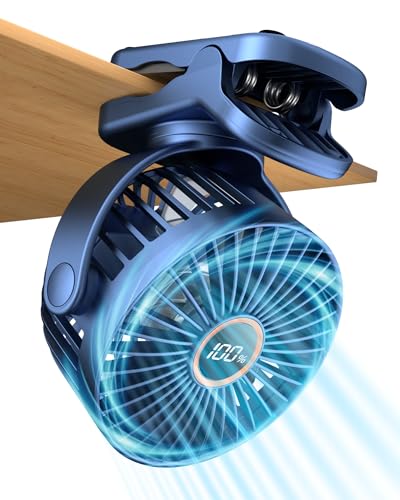 buywoo Portable Mini Personal Fan, Small Rechargeable Battery Powered Stroller Fan for Desk, Strong Clamp Grip, 360° Rotation, 3-Speed, LED Display, Clip On Cooler for Bed, Golf Cart, Office, Blue - color: Blue