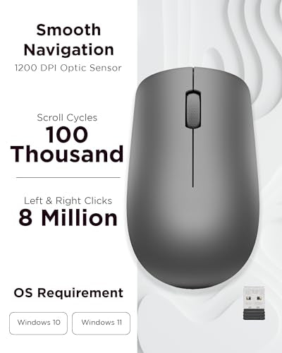 Lenovo 530 Full Size Wireless Computer Mouse for PC, Laptop, Computer with Windows - 2.4 GHz Nano USB Receiver - Ambidextrous Design - 12 Months Battery Life - Graphite Grey - color: Graphite Grey