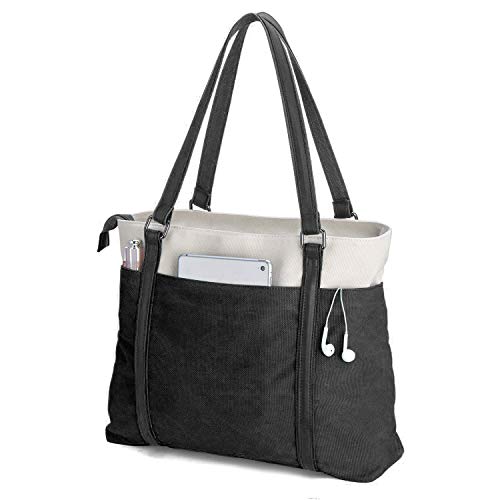 Laptop Tote Bag for Women, 15.6 Inch Work Bag with Laptop Compartment and Zipper, Canvas Computer Tote for Teacher - color: Black