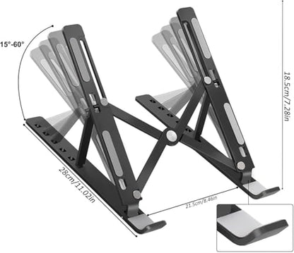 Premium Portable Aluminum Laptop Stand for Desk, 7 Angles Adjustable Tilt, Heavy-Duty Laptop Riser, Foldable, Slim & Lightweight Travel-Friendly Stand for Desk & Workstation, Black