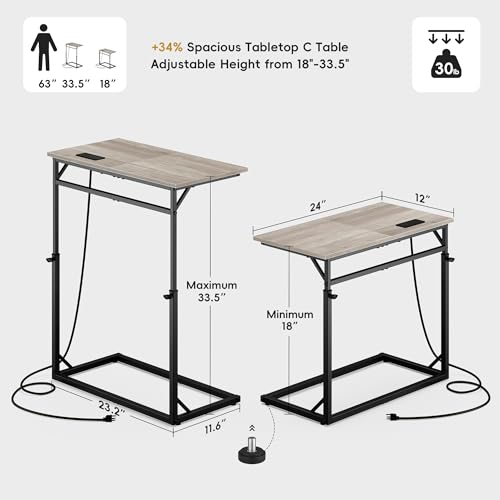 C Shaped End Table with Charging Station, C-Table End Table Adjustable Height Side Table for Couch, Large Couch Table, Slide Under Couch Table TV Tray Table for Sofa,Living Room,Bedroom, Grey - color: Greige, style: With Plug