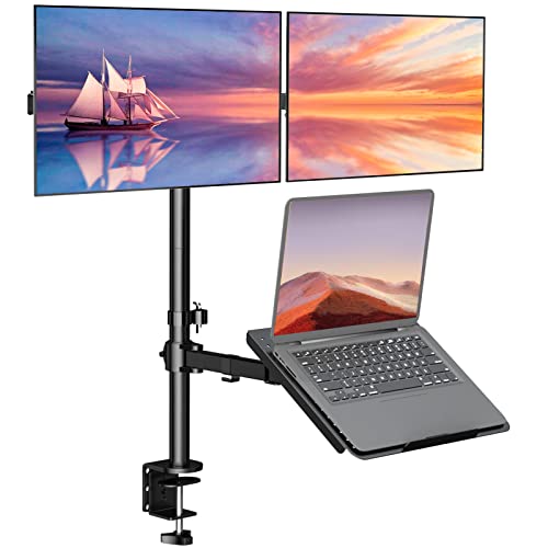 WALI Triple Arm Laptop and Dual Monitor Desk Mount for 17" Notebook and Up to 27" Screens, Extra Tall Adjustable Monitor Stand with Laptop Tray, VESA 75x75 100x100, Black (M002XLLP) - color: Black (Adjustable), size: Triple