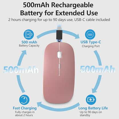 Silent Bluetooth Wireless Mouse with Jiggler, Rechargeable Portable Mouse for MacBook, iPad, Laptop & PC, Dual Mode BT5.2 and 2.4G, USB-C/USB-A Receiver, Adjustable DPI Compact Travel Mouse -Rose Gold - color: Rose Gold