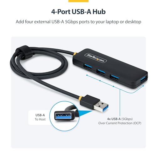 StarTech 4-Port USB-A Hub 5Gbps with 2ft/61cm Cable, Dell (H5A4A-USB-HUB-2) | SuperSpeed 5Gbps, 4 USB-A adapter, USB Powered portable, Plug-and-play, MacBook, Chromebook, PC, Peripheral devices - size: 2 ft, style: USB-A