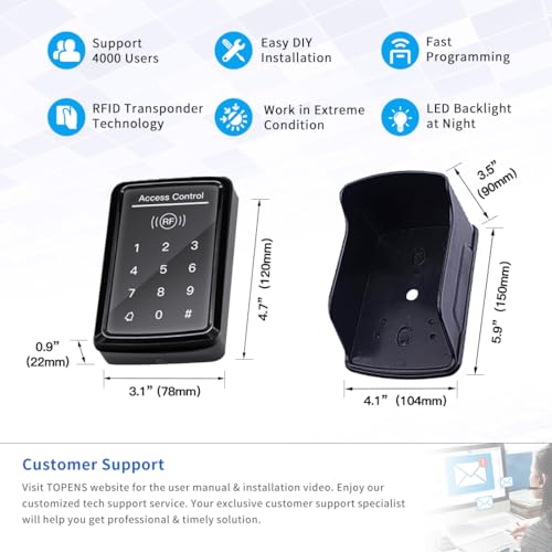 TOPENS TC175P Touch Panel Wired Keypad, Universal Keyless Entry Keypad DC 12V 24V for The Automatic Driveway Gate Opener, Magnetic Lock, Door Access Control System, Digital Code or RF ID Card