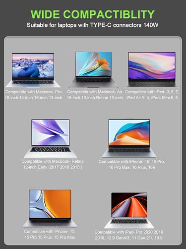140W USB C AC Power Adapter Compatible with MacBook Pro 16 14 15 13 inch Mac Book Air 15" 13" iPad Pro (2025 2024 2023 2022 2020 M1 M2 M3 M4) Laptop Include USBC to USB-C Cable