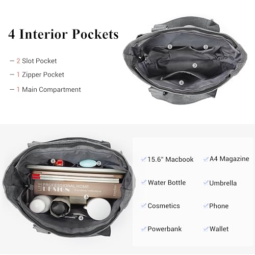 VOLGANIK ROCK Canvas Tote Bag Waterproof Nylon Multi Pocket Shoulder Bags Laptop Work Bag Teacher Purse Handbag for Women Men - color: Grey 2