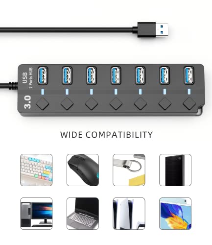 USB Hub 3.0, Eanetf 7 Port USB hub with LED Individual On/Off Switches and Extended Long Cable for MacBook, Mac Pro, Mac mini, iMac, Surface Pro, XPS, PC - 4ft