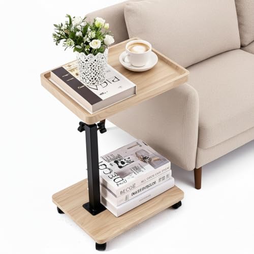 C Table End Table with Adjustable Height, C-Shaped Side Table for Couch & Bed, 360° Swivel TV Tray Table, Slide-Under Sofa Table for Snacks, Laptop & Small Spaces(Solid Wood Color) - color: Solid Wood Color