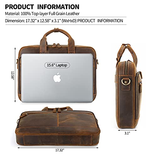 Jack&Chris Full Grain Leather Briefcase for Men, Business Messenger Bag Laptop Bag Attache Case, Fits 15.6 Inch Laptop - color: Brown-15.6inch