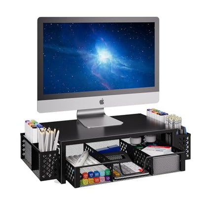 Simple Trending 2-Tier Desk Organizer, Computer Monitor Stand Riser, Black | Metal Laptop & Printer Stand, Desktop Organizer with Drawer & 2 Pen Holders, Anti Slip Pads, 18.5"W x 9.5"D x 4.75"H - size: 18.5"W x 9.5"D x 4.75"H