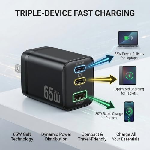 65W USB C Charger Block, 3-Port GaN III Fast Charger, Foldable Wall Charger with 6FT 240W Braided Cable Compatible iPhone 17Pro/16, Mac Book NEO/Air/Pro, ipad Air/Pro, Galaxy S25Ultra/24, Pixel9/8.