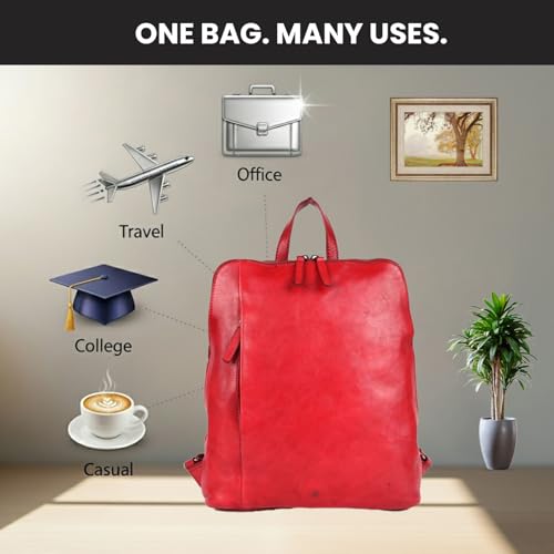 12.5 Inch Red Genuine Leather Backpack For Women & Men | Small Laptop Bookbag Purse & Travel Daypack, Red Leather Bookbag With Adjustable Shoulder Strap, YKK Zipper & Pockets - color: Red