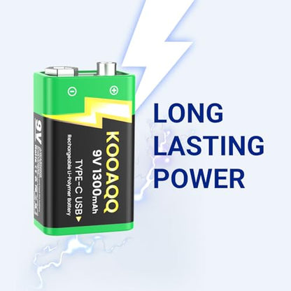 4-Pack Rechargeable 9v Batteries, USB-C Recharge 1300mAh 9 Volt Lithium-ion Long Lasting Power for SmokAlarms, Microphones, Multimeters, Walkie-Talkie, Metal Detector, Toys, with 2 in 1 Charging Cable - size: 4-Pack