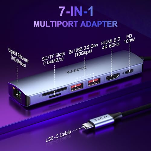 USB C Hub Ethernet Multiport Adapter, KOZYC 7-in-1 USB C Hub with HDMI 4K@60Hz, 1Gbps Ethernet, 100W PD, 2 USB 3.2 Gen2 10Gbps Data, SD/TF Card Slots Port, Compatible with MacBook Air/Pro, XPS13/15 - style: 7-IN-1 USB-C Hub 10Gbps