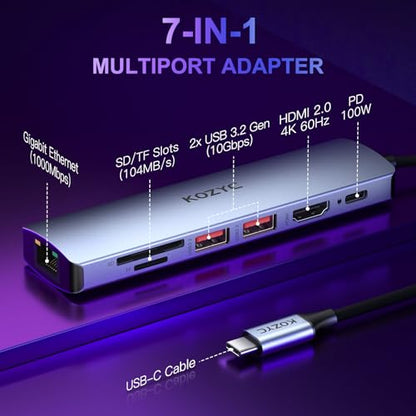 USB C Hub Ethernet Multiport Adapter, KOZYC 7-in-1 USB C Hub with HDMI 4K@60Hz, 1Gbps Ethernet, 100W PD, 2 USB 3.2 Gen2 10Gbps Data, SD/TF Card Slots Port, Compatible with MacBook Air/Pro, XPS13/15 - style: 7-IN-1 USB-C Hub 10Gbps
