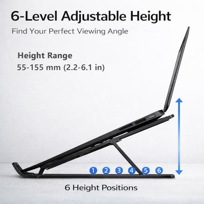 Portable Foldable Laptop Stand for Travel, Adjustable ABS Laptop Stand with Silicone Pads for 10–15.6 Inch Laptops (Black)