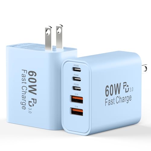 USB C Charging Blocks, 60W USBC Wall Fast Charger Block, Type C Phone USB C Charger Fast Charging Brick, 5-Port Multiport Charger Plug Power Adapter for Phone 17/16/15/14/13 Pro Max, Pad, S25-Blue - color: Blue