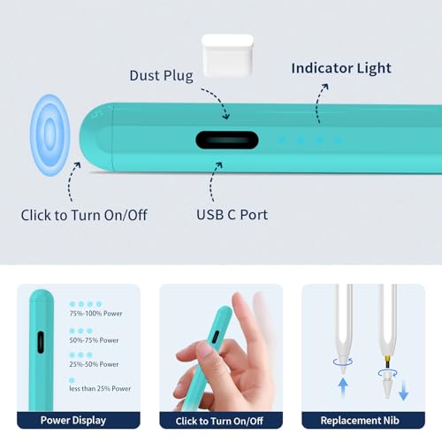Stylus Pen for iPad,(2018-2026) Fast Charge with Tilt Sensitivity & Palm Rejection Compatible with iPad Pro 11"/12.9", iPad mini 5/6, iPad Air 3/4/5, iPad 6/7/8/9/10 (White Green) - color: White green