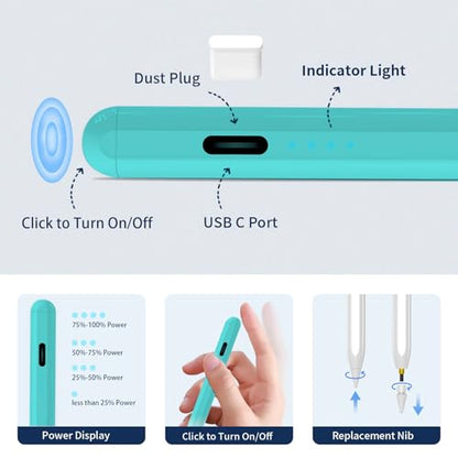 Stylus Pen for iPad,(2018-2026) Fast Charge with Tilt Sensitivity & Palm Rejection Compatible with iPad Pro 11"/12.9", iPad mini 5/6, iPad Air 3/4/5, iPad 6/7/8/9/10 (White Green) - color: White green