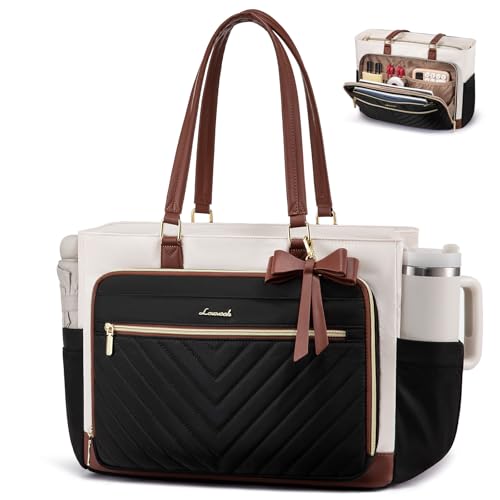 LOVEVOOK 17 Inch Laptop Tote Bag for Women, Teacher Nurse Work Tote Bags with Large Cup Holder & Multi-Pockets for Office Travel College, Computer handbags Quilted Diaper Bag Gifts, Beige-black-brown - color: Black-beige-brown, size: 17.3 inch
