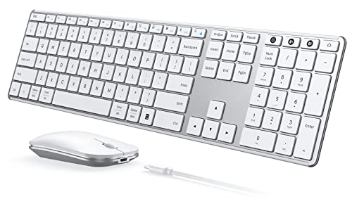 seenda SKM64-3 Wireless Bluetooth Keyboard Mouse Combo for Windows and Mac | USB and dual Bluetooth multi-device switching, quiet, rechargeable, full-size slim set for PC, MacBook, iPad, White Silver - color: White Silver