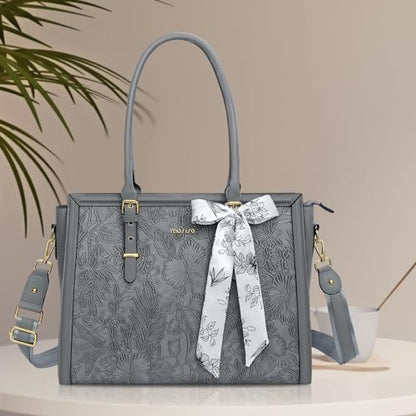 MOSISO Laptop Bag for Women, 15.6-16 inch PU Leather Tote Bag | Compatible with MacBook, HP,Dell,Asus, Front Embossed Retro Hibiscus Computer Bags with Silk Scarf&Clutch Purse, Gray - color: Gray, size: 16 inch